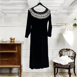 Black and Silver Embellished Long Sleeve Cocktail Gown